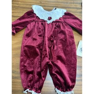 New Tags  Vintage Holiday Velvet Lace Collar Romper Headband 3-6 Mos